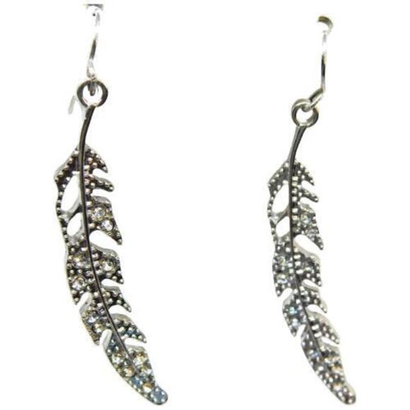 Unbranded Jewelry - Feather Shaped Earrings Textured Silver Tone Drop Dangle French Wire